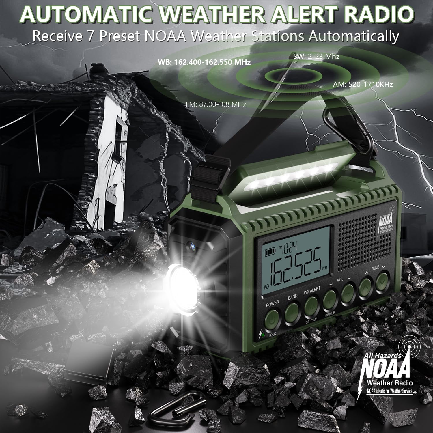 Noaa Emergency Radio With Auto Weather Alerts - 12000mah Solar Hand Crank  6 Power Sources Bright Lcd Digital Tuning Am/fm/sw Receiver Sos Alarm & For Home Camping