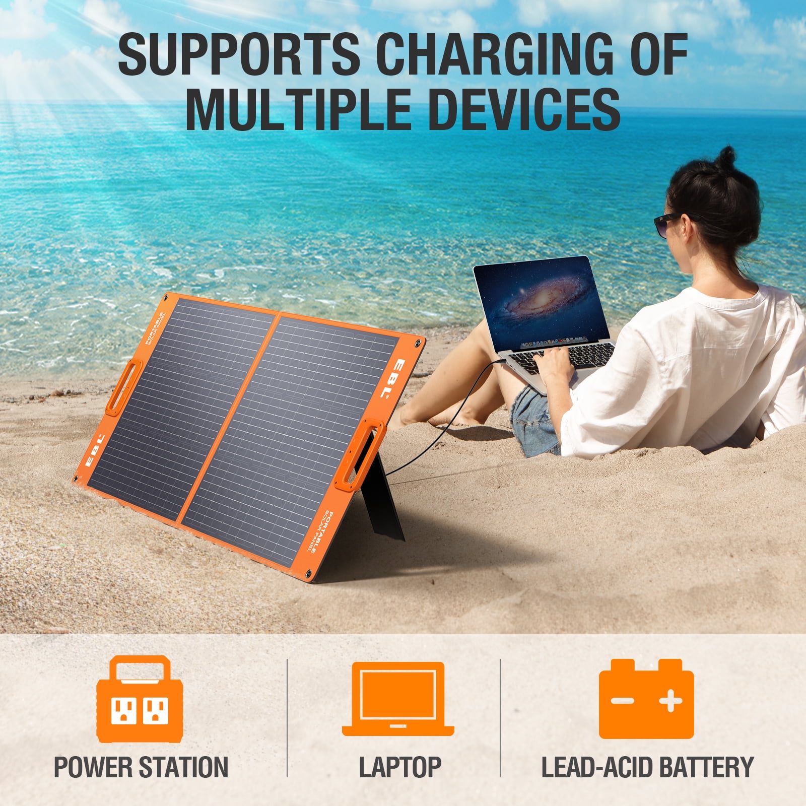 EBL 100W Portable Solar Panels for Power Station 240/300/500/1000/1500/2000 Waterproof Foldable Solar Charger for Outdoor Camping