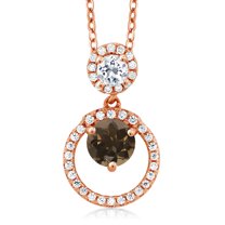 Gem Stone King 18K Rose Gold Plated Silver Brown Smoky Quartz and White Topaz Pendant Necklace for Women (1.73 Cttw, Gemstone, Round 6MM and 4MM)