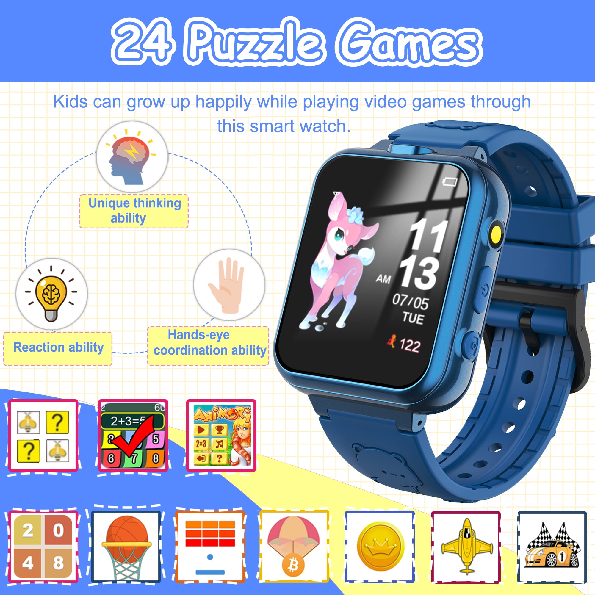 Kids Game Smart Watch for Boys Girls, 24 Games 5 Languages 3 Alarms 2 Cameras Music Torch Pedometer Calendar, 1 Count