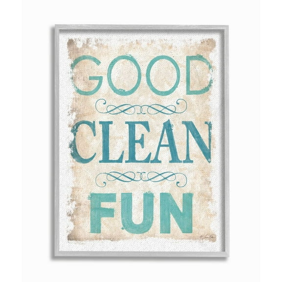 The Stupell Home Decor Collection Blue and Tan Good Clean Fun Burlap Texture Typography Gray Farmhouse Rustic Framed Giclee Texturized Art