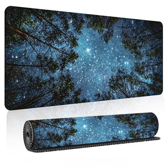 Large Extended Gaming Mouse Pad 31.5" x 11.8" - Non-Slip Starry Night Forest Desk Mat, Waterproof Keyboard Mousepad with Stitched Edges for Home Office & Gamer Setup.