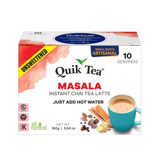 QuikTea Instant Masala Chai Tea Latte Unsweetened, 10 Single-Serve Sachets, Artisanal Indian Chai Latte Mix, Just Add Hot Water, Low Caffeine, Non-GMO, Gluten Free