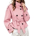 thumbnail image 2 of DPTALR Women's Gingham Stand Collar Double Breasted Belted Short Jacket Coat with Pockets,Size S-2XL, 2 of 9