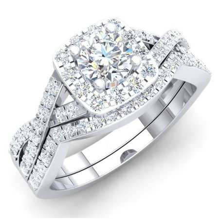 1.55 Carat (ctw) 10K White Gold Round Cut Cubic Zirconia CZ Bridal Halo Engagement Ring Set 1 1/2 CT