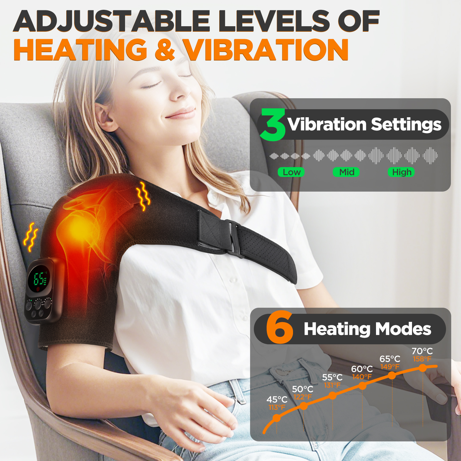 Shoulder Heating Pad Massage, Heated Shoulder Wrap with 8 Modes, 3 Speed Vibration, 6 Heat Levels, App Control, Detachable Controller, 5000mAh Battery for Relieve Shoulder Tension