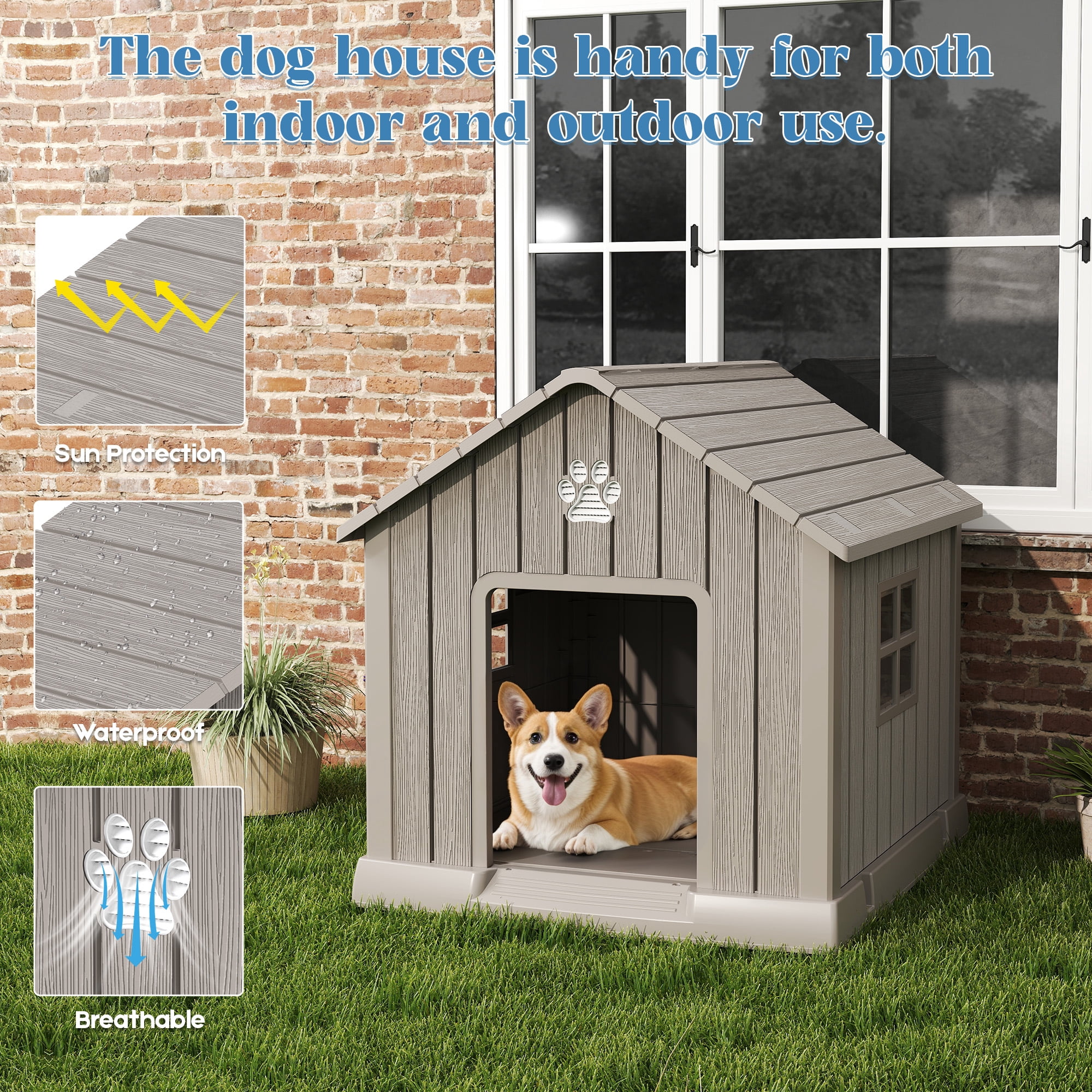 Nihsuao Dog House, Weatherproof Resin Dog House for Small Medium Dogs with Air Vents & Windows, Elevated Floor, Pet Shelter for Indoor & Outdoor, Gray, 31" L x 33.3" W x 33.5" H