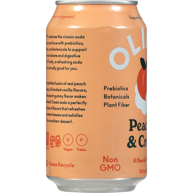 12 pack) OLIPOP Prebiotic Soda, Peaches & Cream, 12 fl oz, Refrigerated
