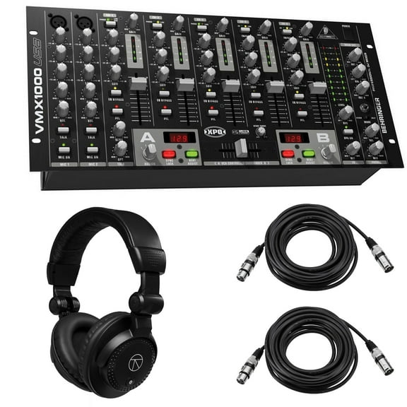 Behringer VMX1000USB Professional 7-Channel Rack-Mount DJ Mixer, Bundle with TAPH100 Headphones and 2x 25' XLR Cable