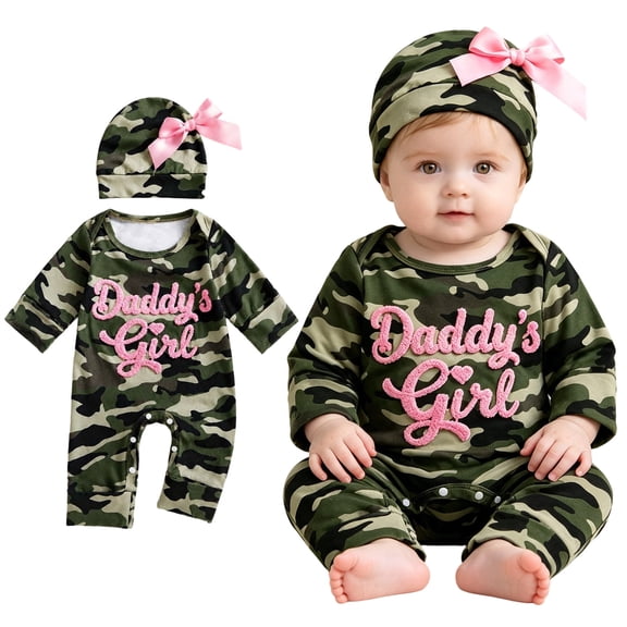 Mnyotv Daddy's Baby Girls Embroidered Romper Long Sleeve Jumpsuits with Bow Infants Hats Newborn Clothes Size 18M