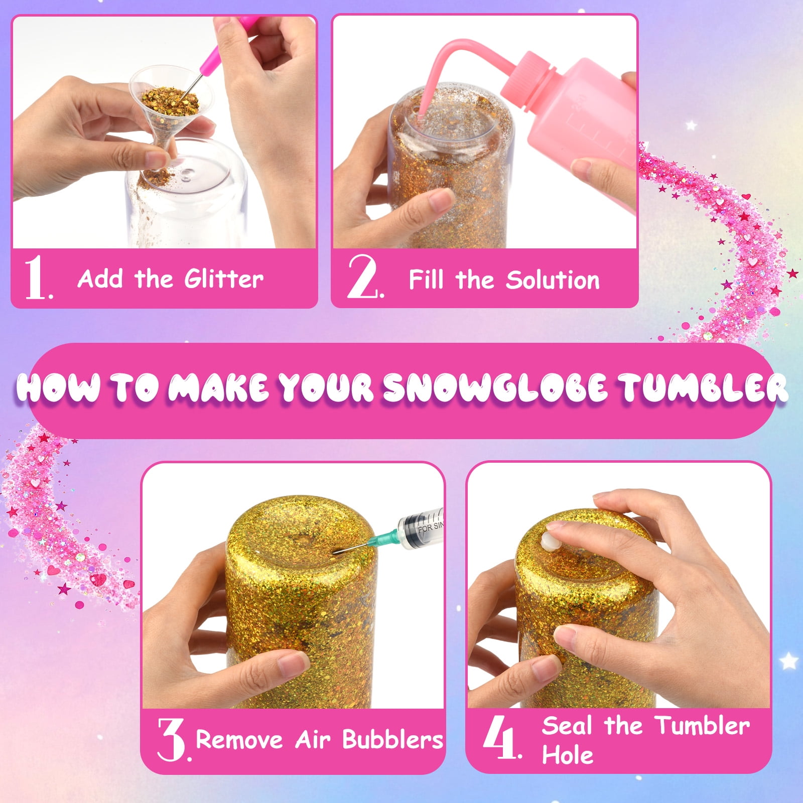 1 Pack Snow Globe Tumbler Supplies ，16 Pcs DIY Glitter Snowglobe Cup Set– Includes a 16oz Double-Wall Acrylic Tumbler, UV DTF Wraps, Craft Glitter, and DIY Tools（1-cup Kit）