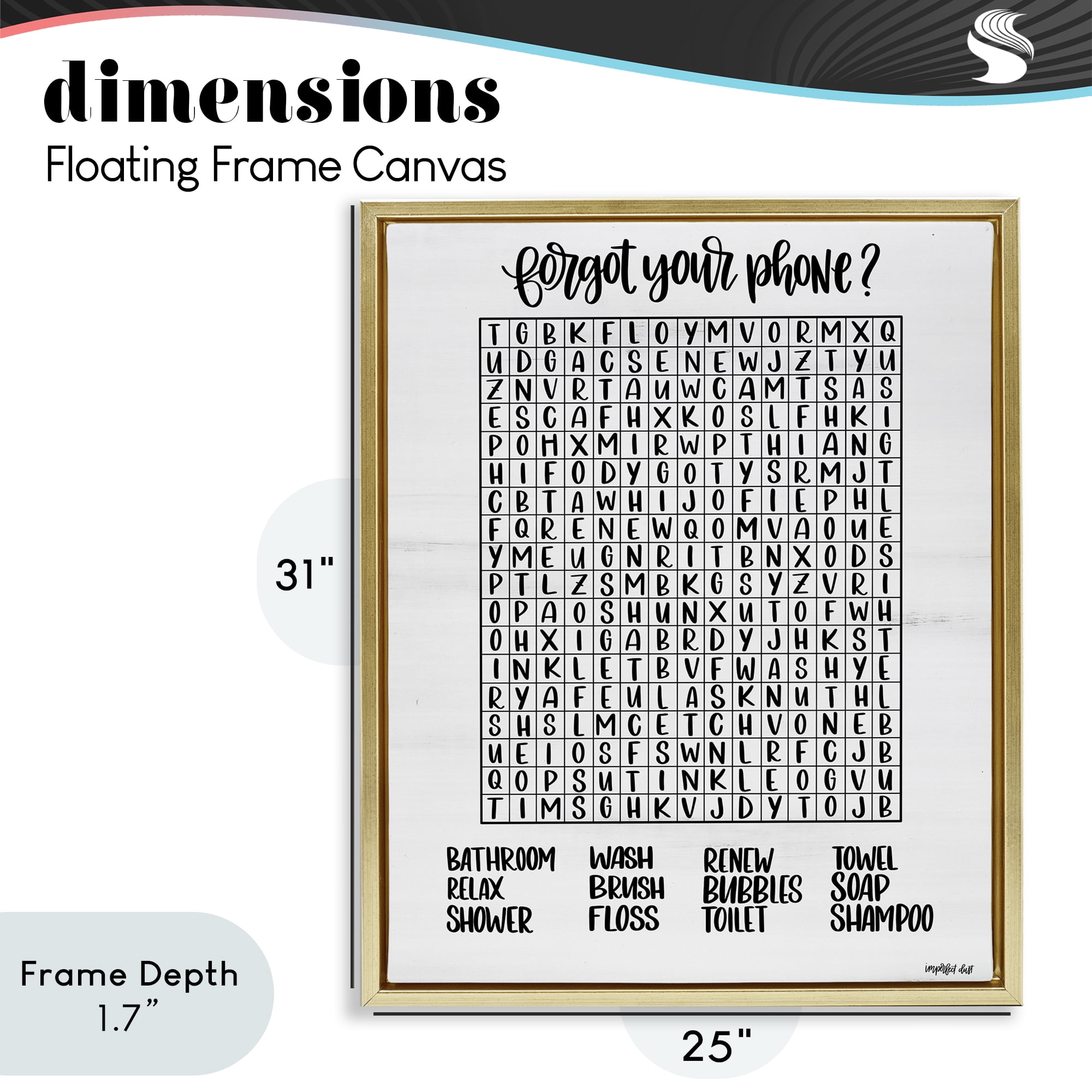 Stupell Industries Forgot Phone Bathroom Wordsearch Gold Framed Floater Canvas Wall Art, design by Imperfect Dust