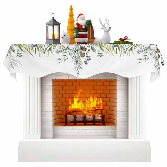Sage Green Christmas Fireplace Mantle Scarf, Xmas Botanical Berry Winter Mantel Cover Table Runner for Home Living Room Door Window, Indoor Outdoor Holiday Party Decor 17" x 60"
