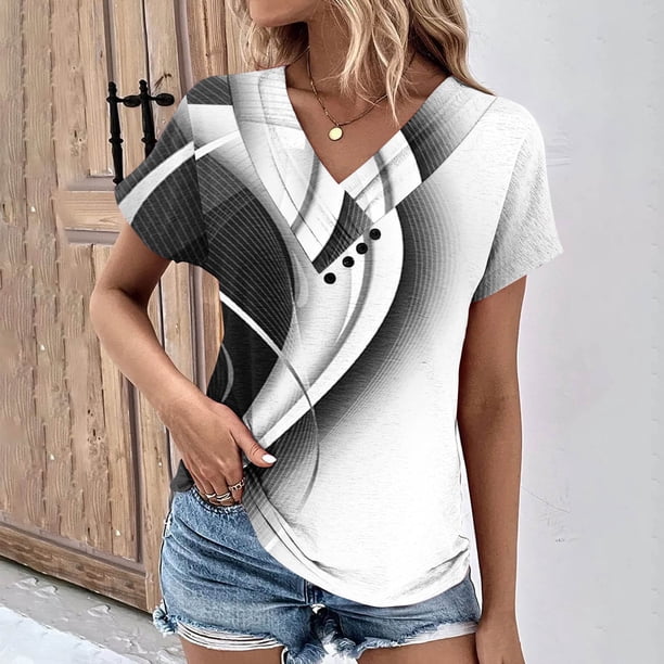 Fiudx Camisas de Mujer Top Informal de Primavera y Verano de Manga Corta con Cuello En V para Mujer