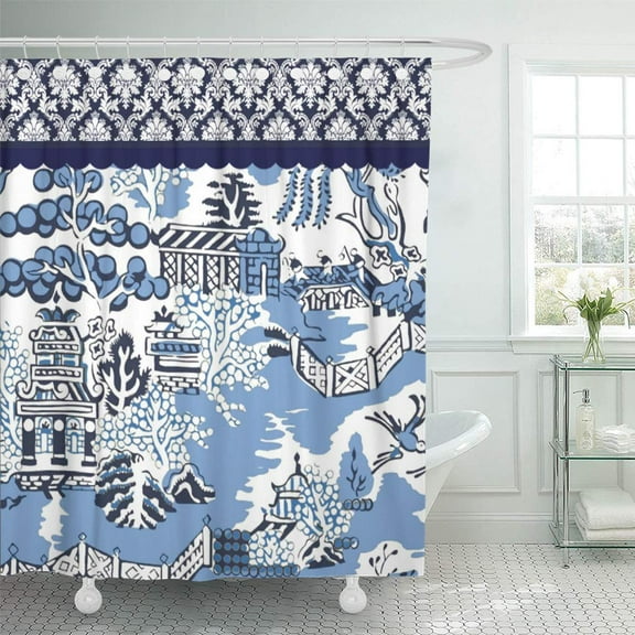 Libin Blue White Willow Lace Oriental Toille Shower Curtain 60x72 inch