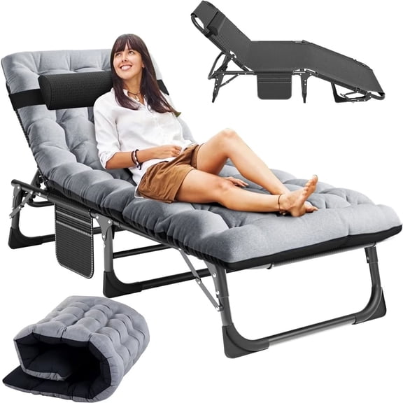 BRONKIGE 75 '' Patio Lounge Chairs with Pillow & Cushion, Portable Folding Lounge Chair, Patio Chaise Lounges, Adults Reclining Folding Chaise, Sleeping Cots, Folding Camping Cot