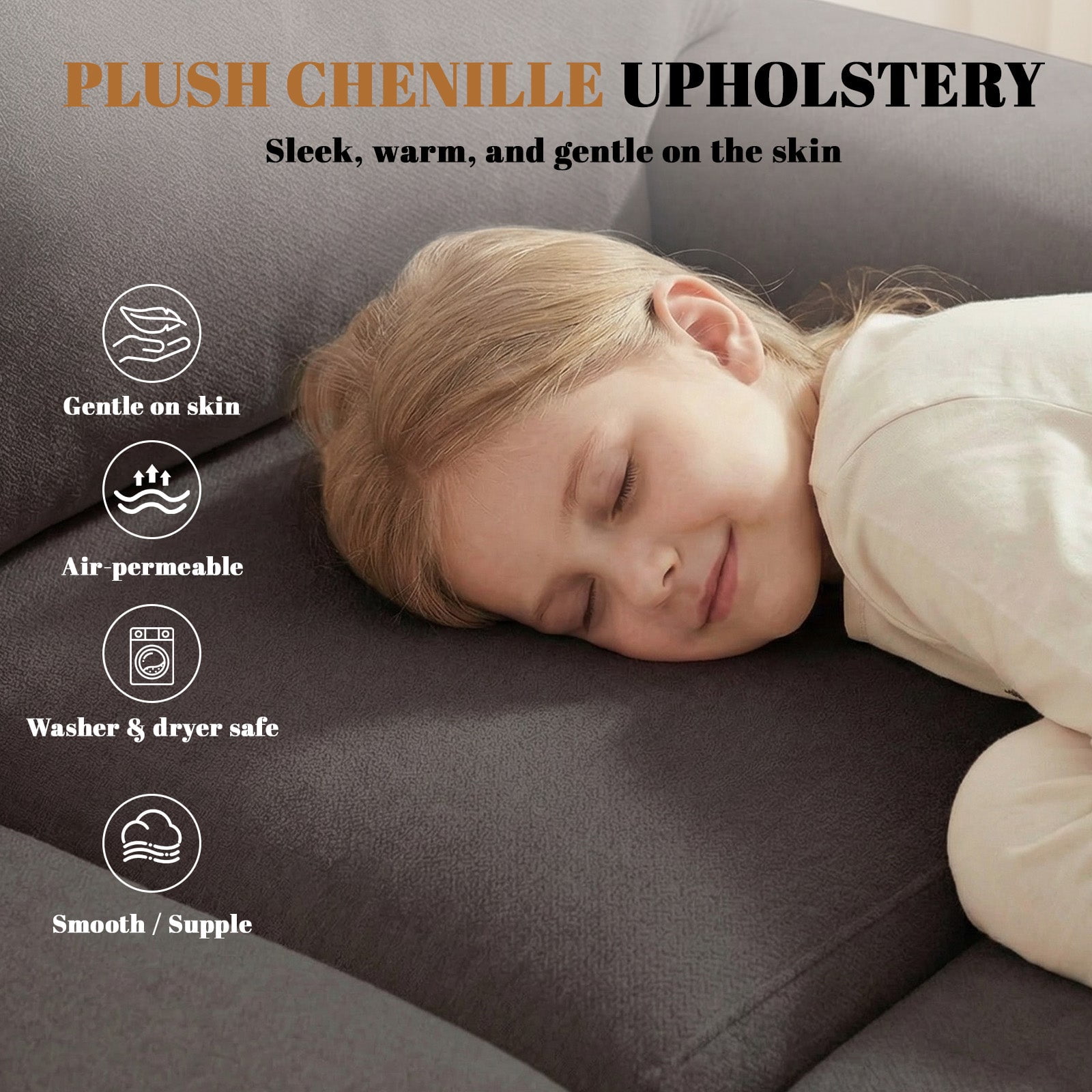 Poshby 88.58''W Sectional Sofa 3 Seater Couch with Chenille, Modern Square Arm for Living Room, Dark Gray