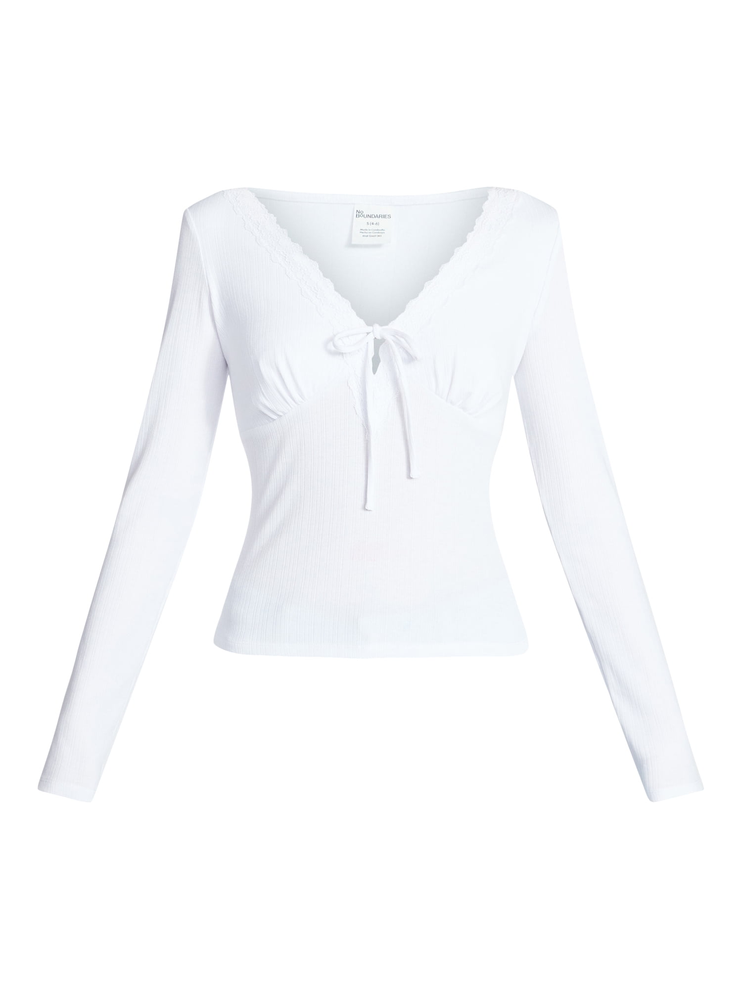 No Boundaries Tie Front Lace Trim Top with Long Sleeves, Women’s XXS-XXL