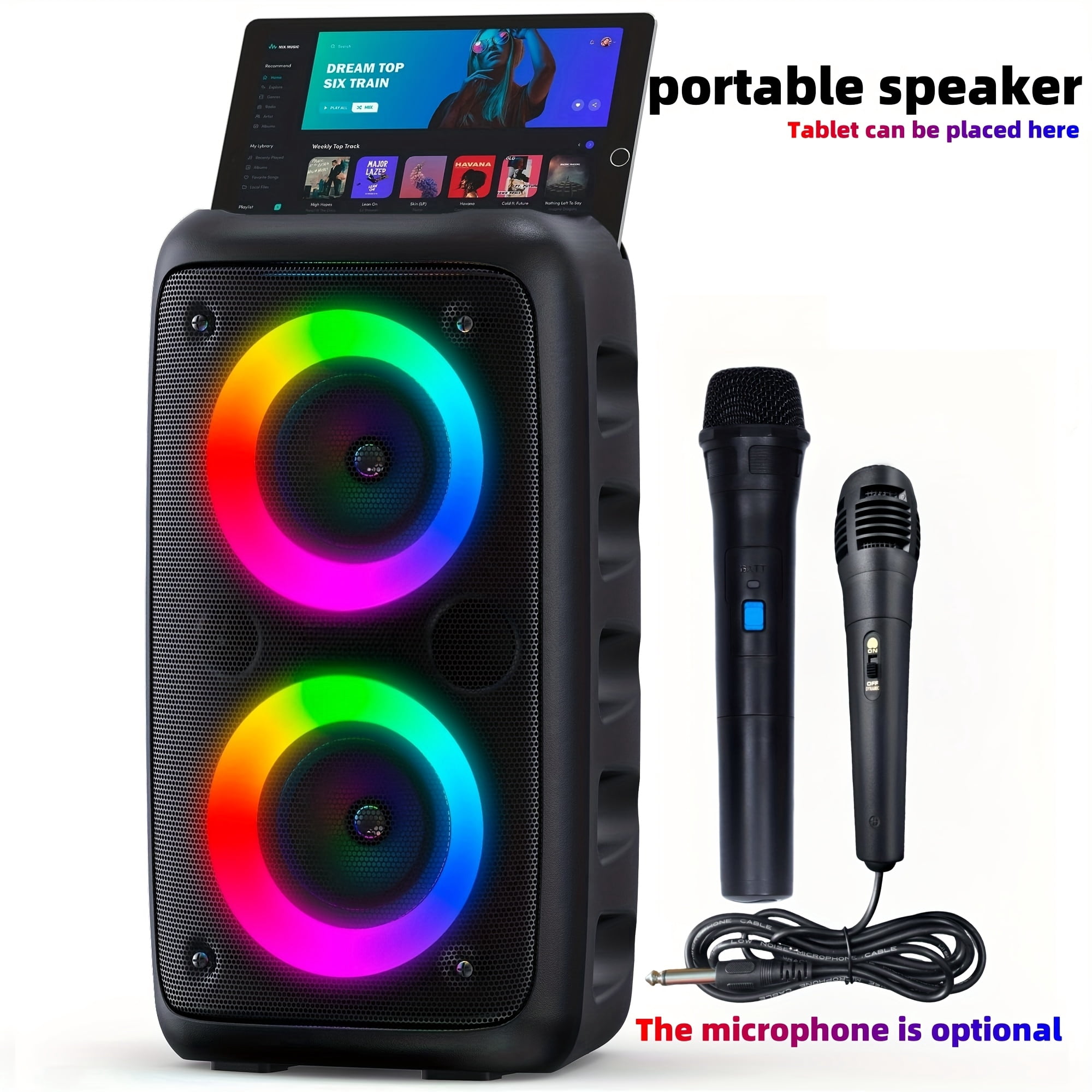 Portable Karaoke Machine with 2 Mics（1 Wireless）, PA Speaker, LED Lights, TF/USB/AUX Input, TWS for Home & Party Use