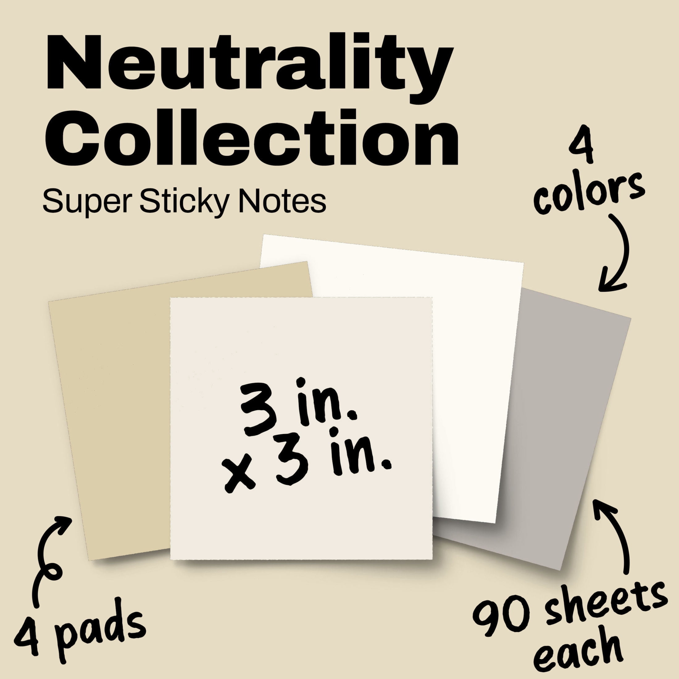 Post-it Super Sticky Notes, Neutrality Collection, 3 x 3 in, 4 Pads