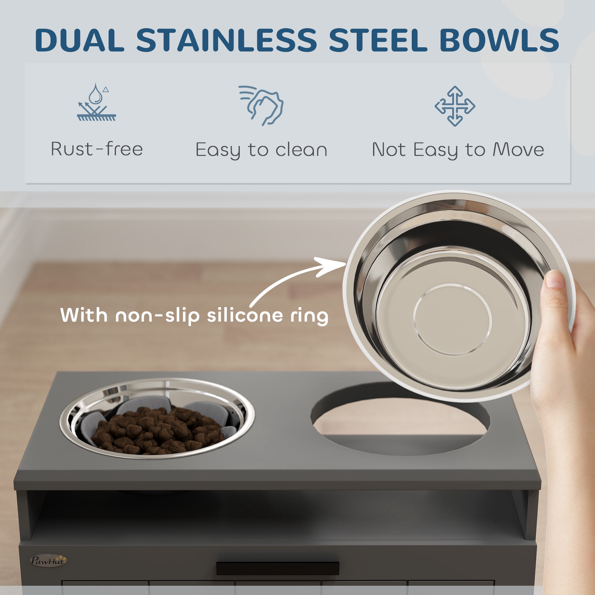PawHut Elevated Dog Bowls, Raised Dogs Bowl Stand with 2 Stainless Steel Bowls, 25L Storage Drawer and Slow Feeder Mat
