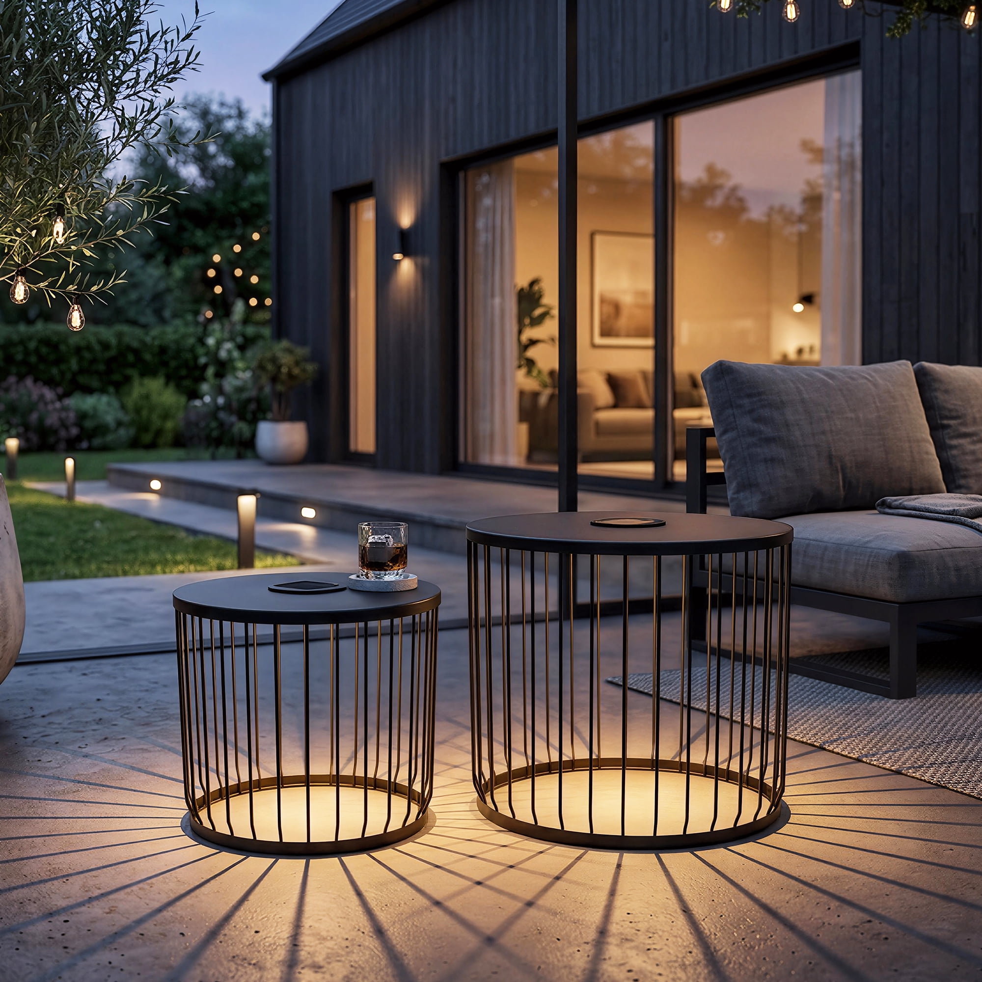 2Pack Solar Powered Nesting Side Table Set, Modern Round End Tables with Solar LED Lights, Metal Wire Cage Accent Tables, Indoor/Outdoor Patio Nightstand for Living Room, Balcony, Garden