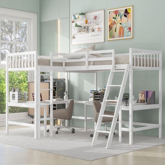 White Twin Size L-Shaped Loft Bed Having 2 Built-in L-Shaped Desks and a Ladder