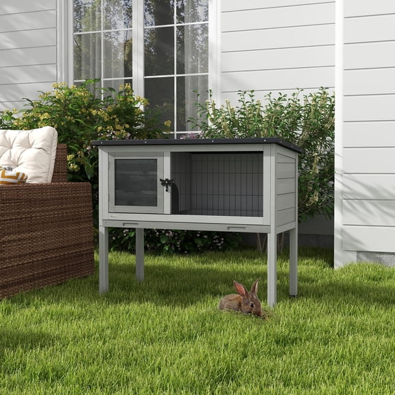 PawHut Elevated Rabbit Hutch Bunny Hutch with Hinged Asphalt Roof, Removable Tray, Fir Wood Bunny Cage for Indoor/Outdoor, Gray
