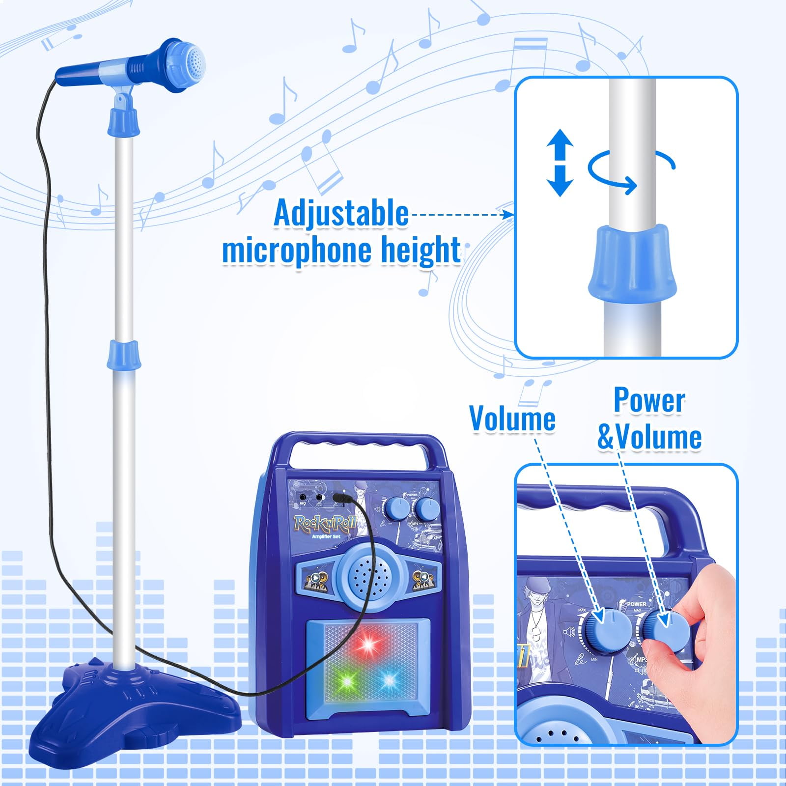 iMeshbean Kids Electric Guitar Beginner Musical Guitar Play Set w/ 6 Demo Songs, Amplifier, Microphone, Whammy Bar, AUX- Blue
