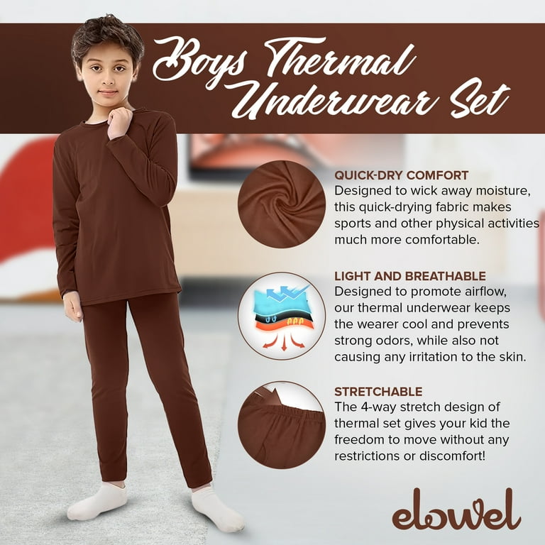 Elowel Boys Thermal Underwear Set for Kids Soft Cozy Fleece Base Layer  Small Brown 
