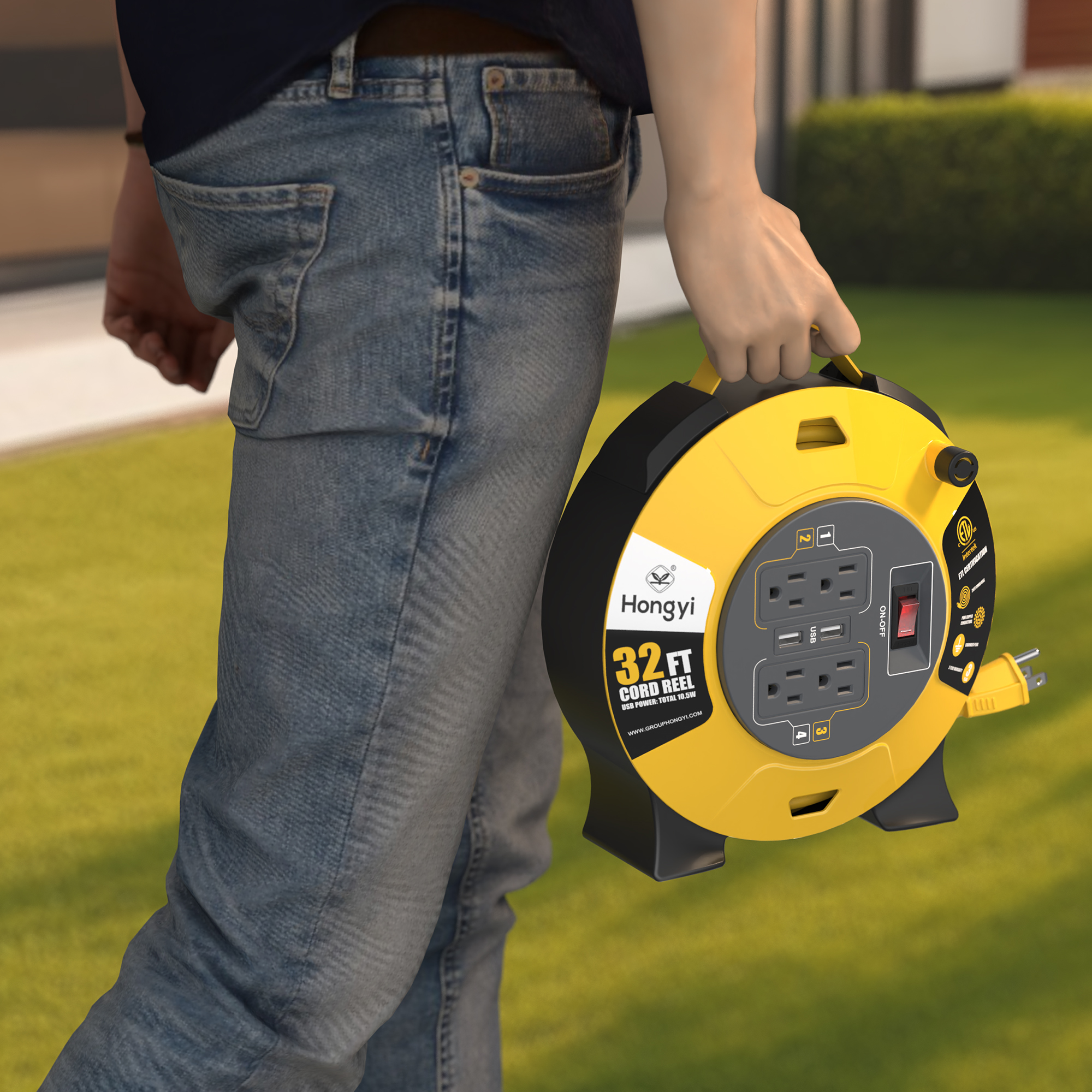 Hongyi Extension Cord Reel 32ft,16AWGX3C,SJT,4-Outlet and 2-USB Ports,Yellow
