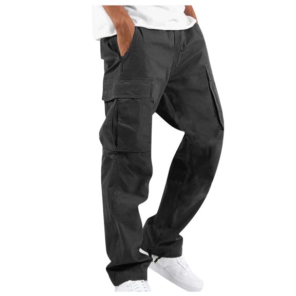New Pocket Design Solid Cargo Pants Trousers for Men Full Length Casual Loose Drawstring Pockets Pants Male Cargo Trousers Black L