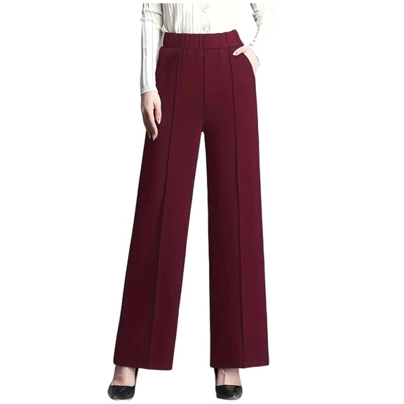 Lenpel Work Pants for Women Elastic High Waisted Pull on Pleated Wide Leg Pants Business Casual Trousers with Pockets