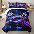 thumbnail image 2 of Castle Fairy Neon Race Car Trio Twin Quilt Set,Checkered Flag Glow Twin Coverlet Set for Bedroom,Purple Pink, 2 of 7
