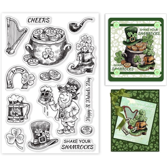 St. Patrick's Day Clear Stamps Lucky Grass Silicone Stamps Golden Coin Rubber Transparent Rubber Seal Stamps for Card Making DIY Scrapbooking Photo Album Decoration colorful