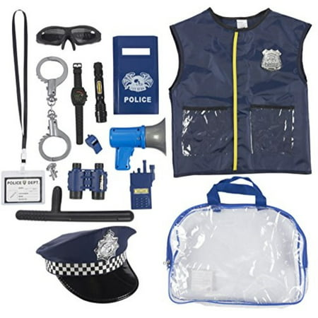 Police Uniform for Kids - 14-Piece Police Officer Costume Role Play Kit with Hat, Vest, Handcuffs, Bag, and Other Accessories for Pretend Play, Halloween Dress Up, School Play for Boys and Girls