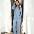 thumbnail image 6 of Women's Waffle Knit Hoodie Lounge Set with Front Pocket and Relaxed Fit Pants - Medium, Blue, 6 of 6