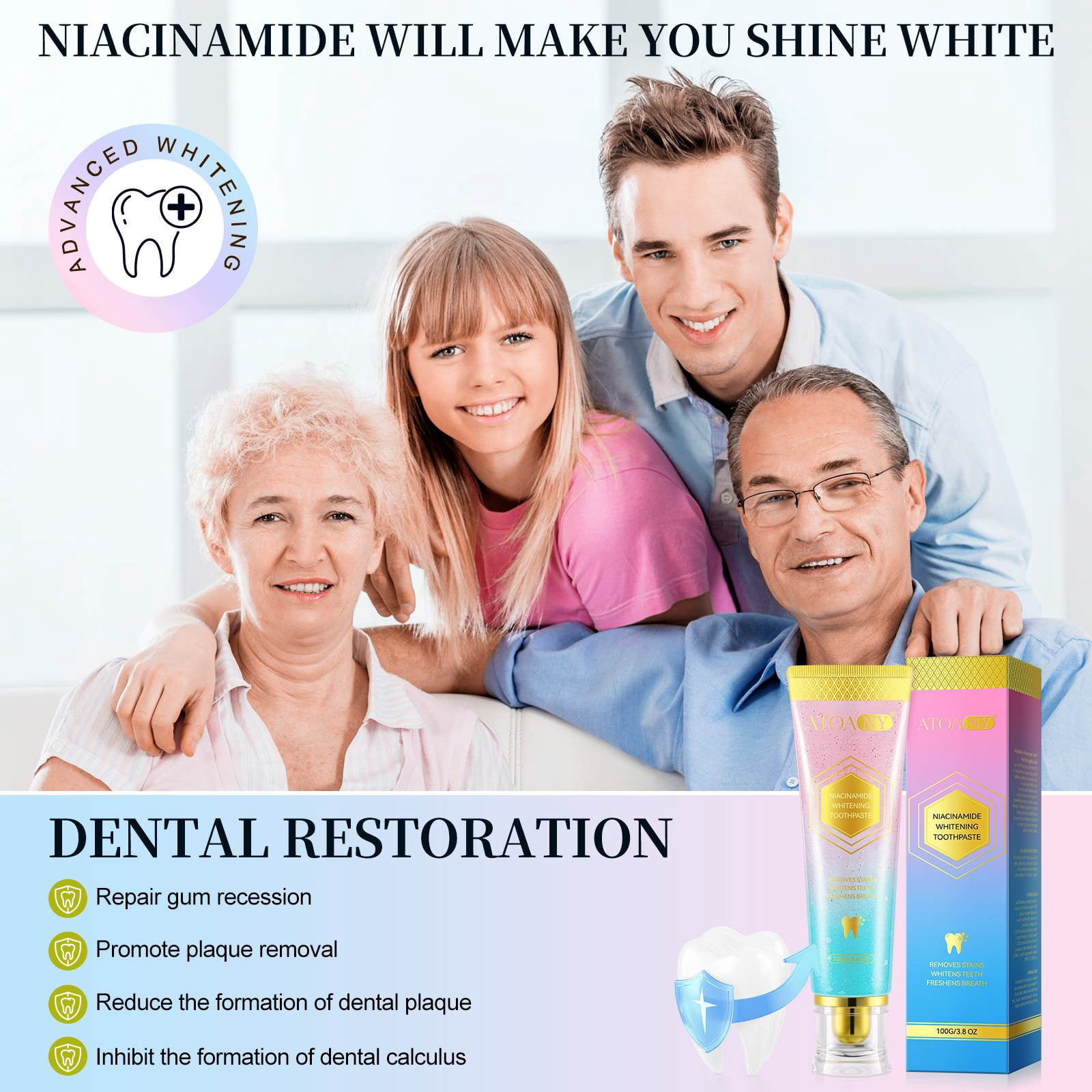 3 Pack Niacinamide Toothpaste, Whitens Teeth, Long-Lasting Freshness, 3.8 OZ