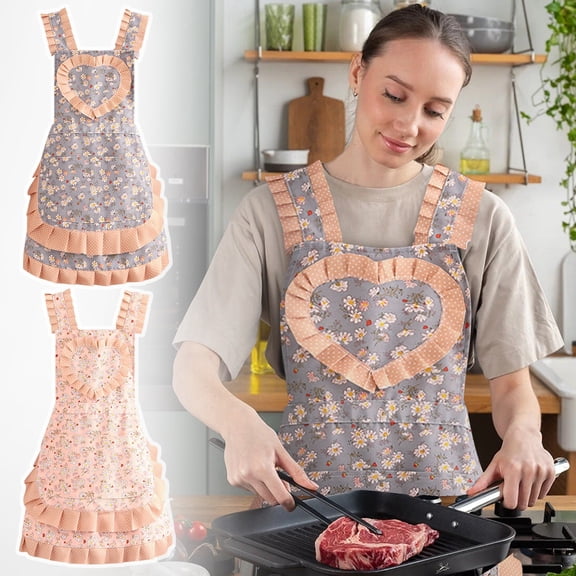Canvas Kitchen Apron with Pockets,Cute Heart Floral Design Cooking Smock for Women,27.6 x 37.4 Inch Durable Ruffled Baking Pinafore for Home & Cafe