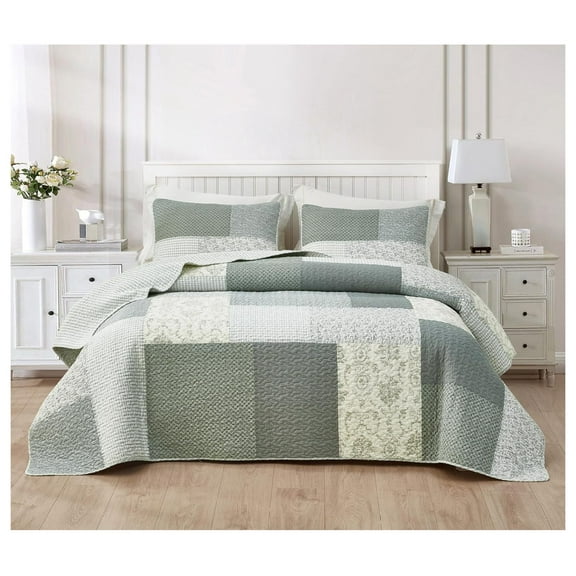 Cooper 3-Piece Muted Gray White Ivory Floral Plaid Patchwork Quilt Set - Pre-Washed Cotton Quilted Lightweight Reversible Bedspread for All , Super King 128x110