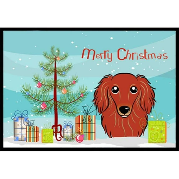 Christmas Tree and Longhair Red Dachshund Door Mat