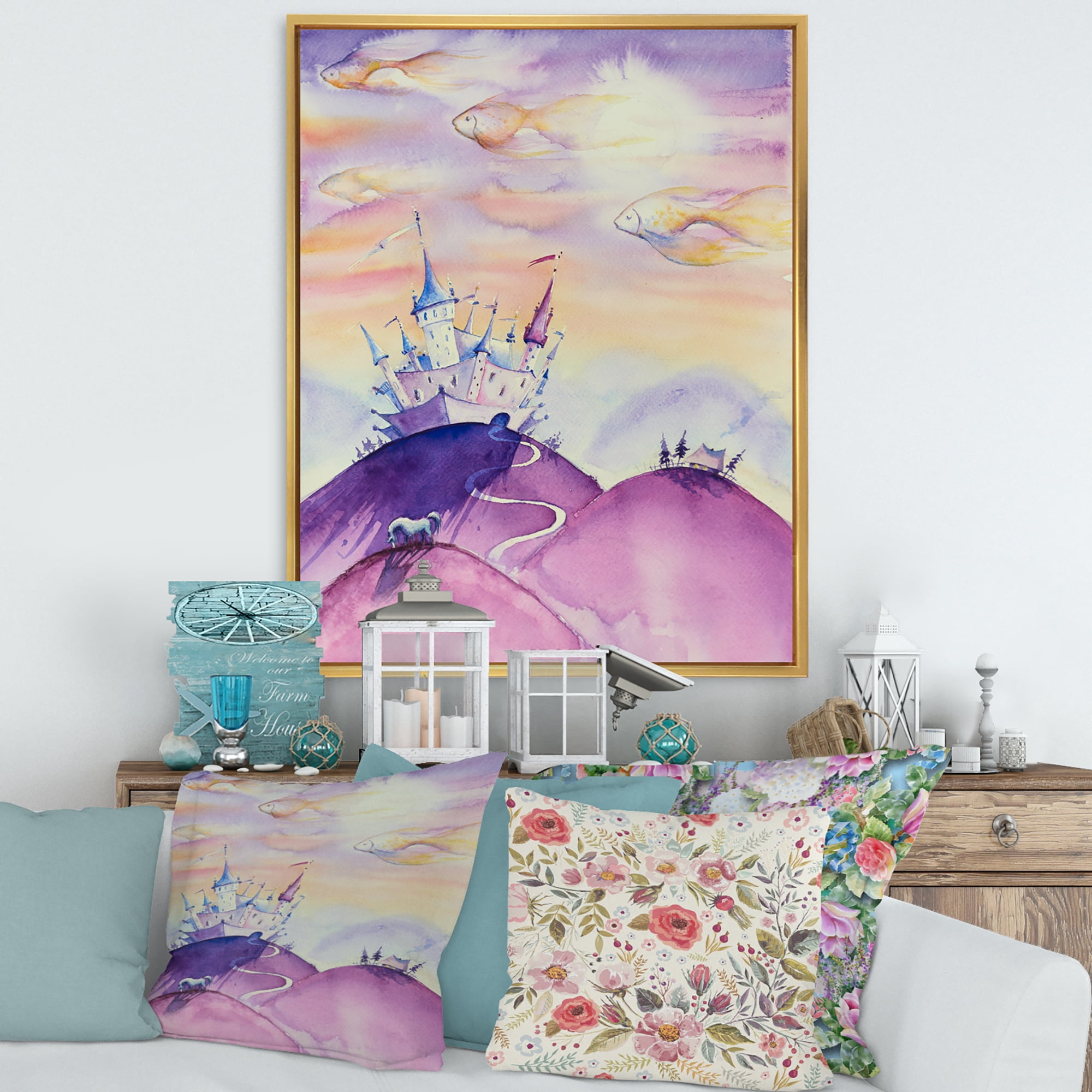 Designart 'Fairy Tale Kingdom Palace On Purple Mountain Top' Children's Art Framed Canvas Wall Art Print