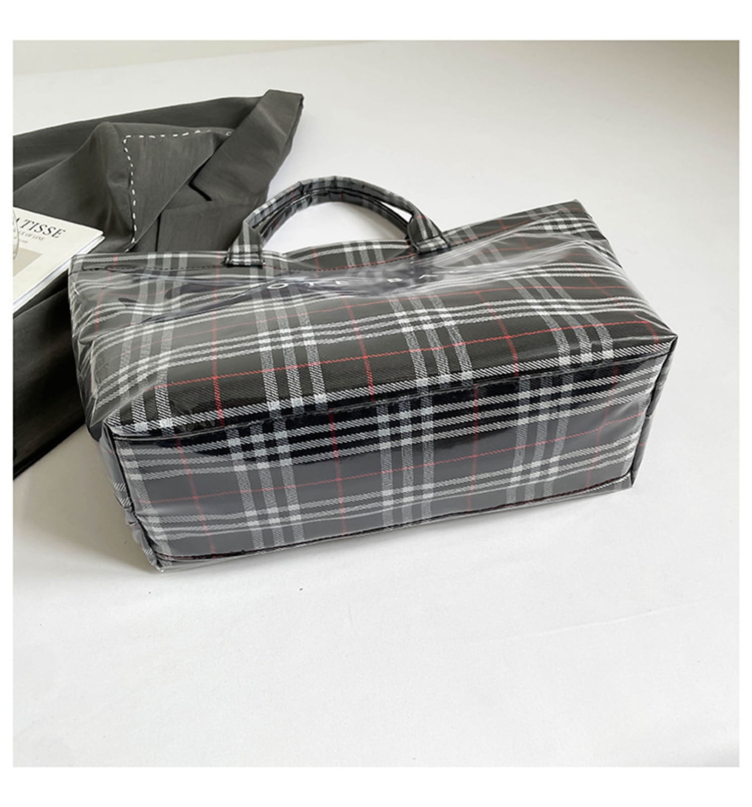 Comefolife Christmas Black Plaid PVC Tote Bag for Women Vintage Christmas Buffalo Check Tote Bag Plastic Handbag