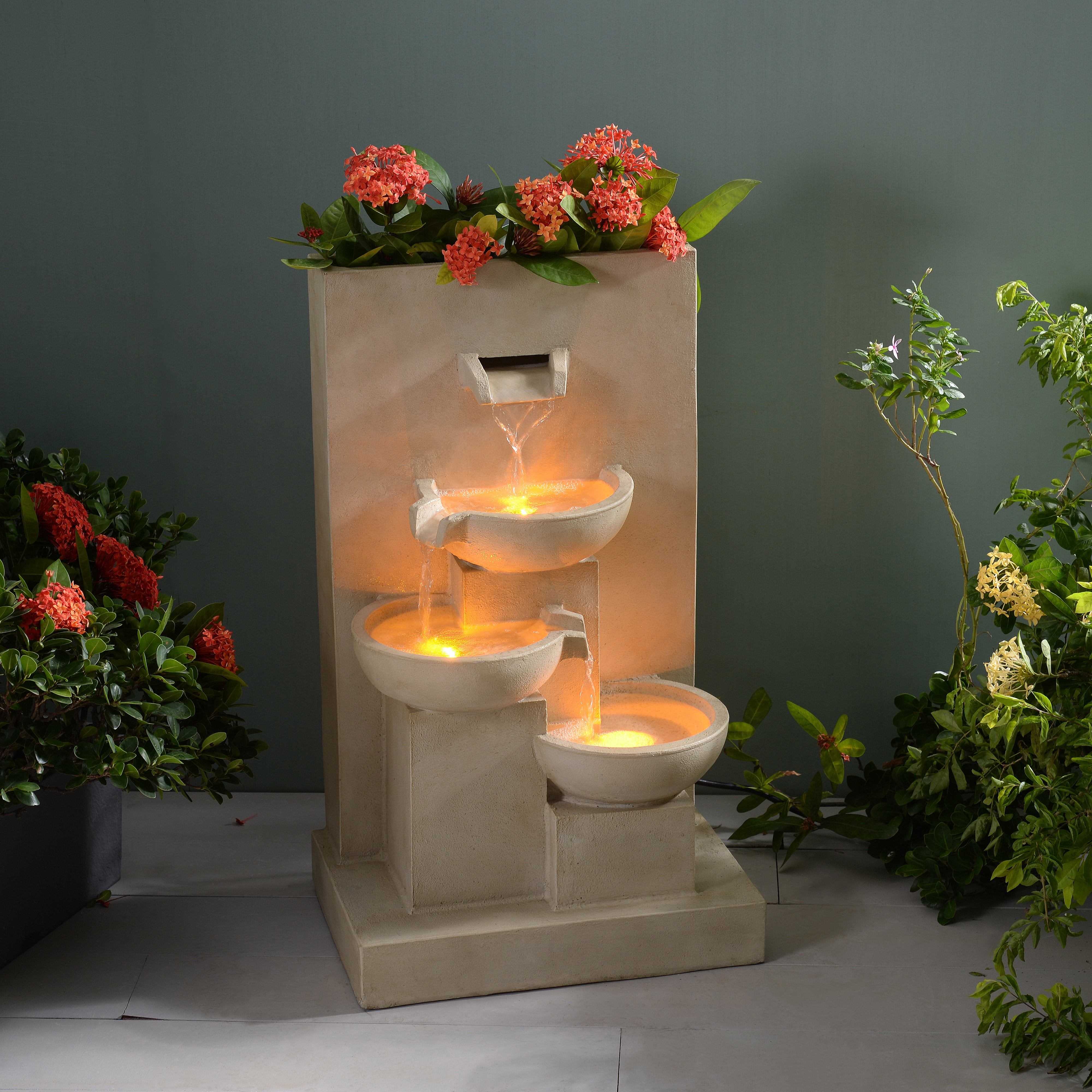 Teamson Home 3-Tier Cascading Outdoor Water Fountain with Planter & LED Lights, Natural