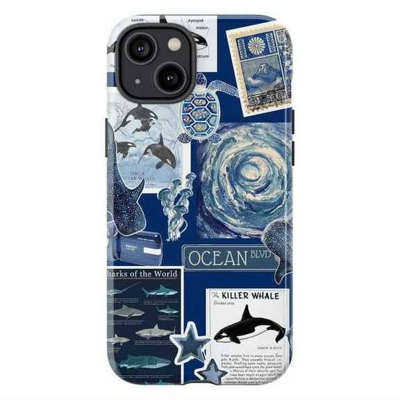 Ocean Collage Touch Phone Case for iPhone 16 15 14 13 12 11 Pro Plus Mini, Blue Marine Life Design with Whales, Sharks & Sea Creatures, Dual Layer Protective Cover, Gift for Ocean & Nature Lovers