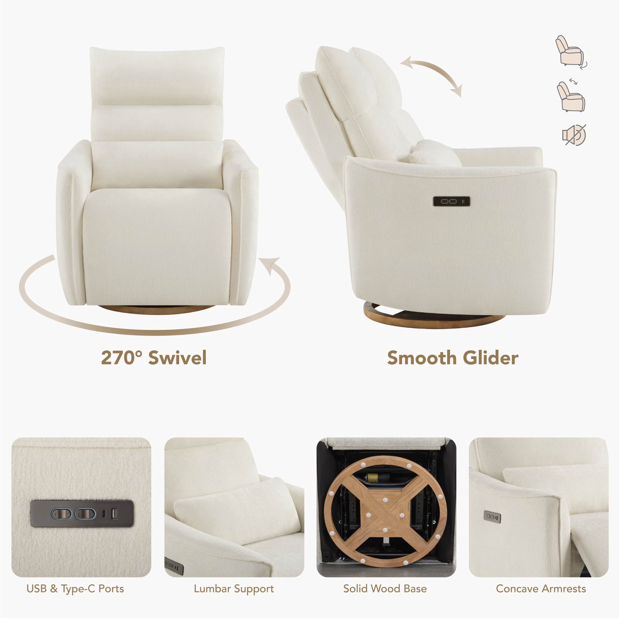 Spruce & Spring Dual-Motor Power Swivel Recliner with Lumbar Pillow for Nursery & Living Room, Cream
