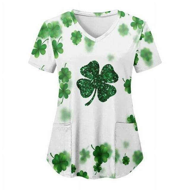 T-shirt à Manches Courtes Col en V pour Femmes, Uniforme de Soins Infirmiers, Imprimé Trèfle Vert, Uniforme de Soins de Santé pour la Saint-Patrick