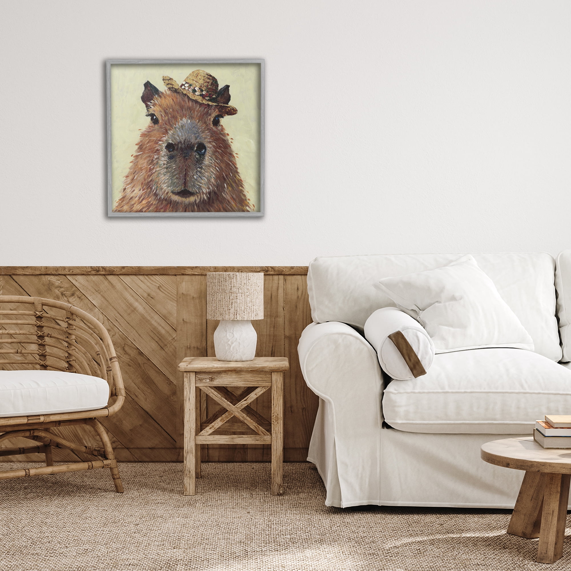 Stupell Industries Capybara with Straw Hat Gray Framed Giclee Art, design by Studio Bautista