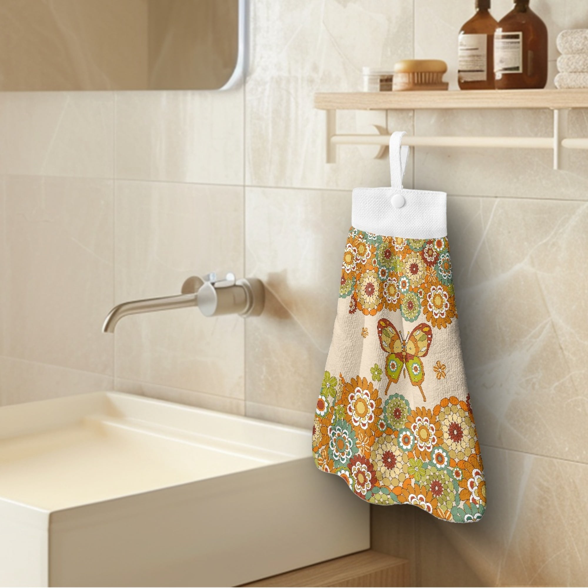 SEANATIVE Butterfly Hand Towels for Bathroom Mandala Hand Towel with Button Loop Highly Absorbent Tie Towel Fast Drying Hang Towel Gym Hotel Spa Hand Drying Puff Washable Dish Wipe Cloth 2 Pcs
