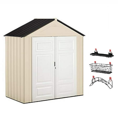 Rubbermaid 7' x 3' Double Wall Plastic Outdoor Storage Shed and Accessories